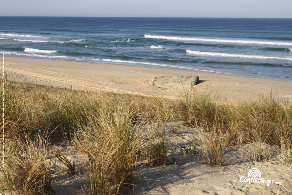 R612- Ba 03 Contis. Le bunker, vue depuis la dune, posé au fond du lit de l'ancienne rivière côtière.